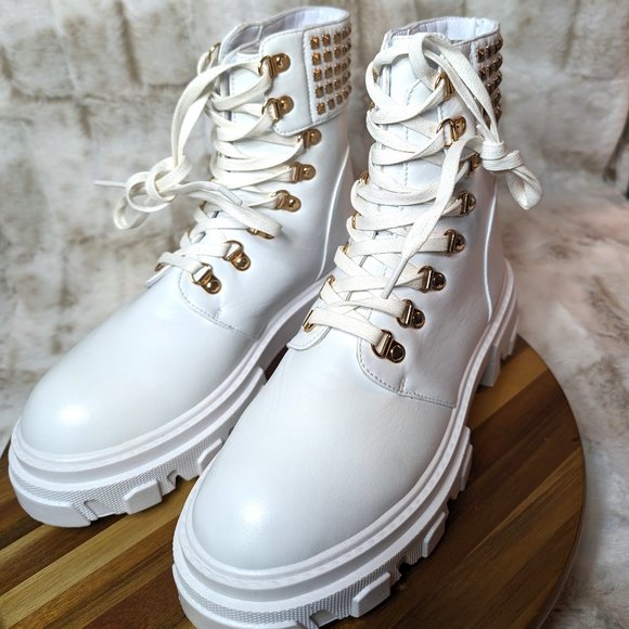 * Mata Shoes White Vegan Leather Studded Detail Fashion Combat Ankle Boots - Picture 4 of 15